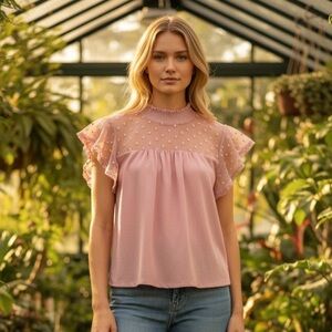 Adrienne Vittadini Pink Sheer Ruffle Blouse